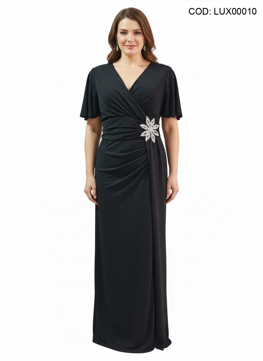 Rochie lungă neagră cu sclipici fin, decolteu petrecut în V, mâneci fluture și drapaj cu broșă cristale