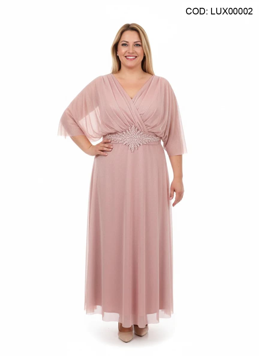 Rochie lungă roz pudră cu sclipici, decolteu petrecut în V, mâneci fluture și talie cu aplicație stras