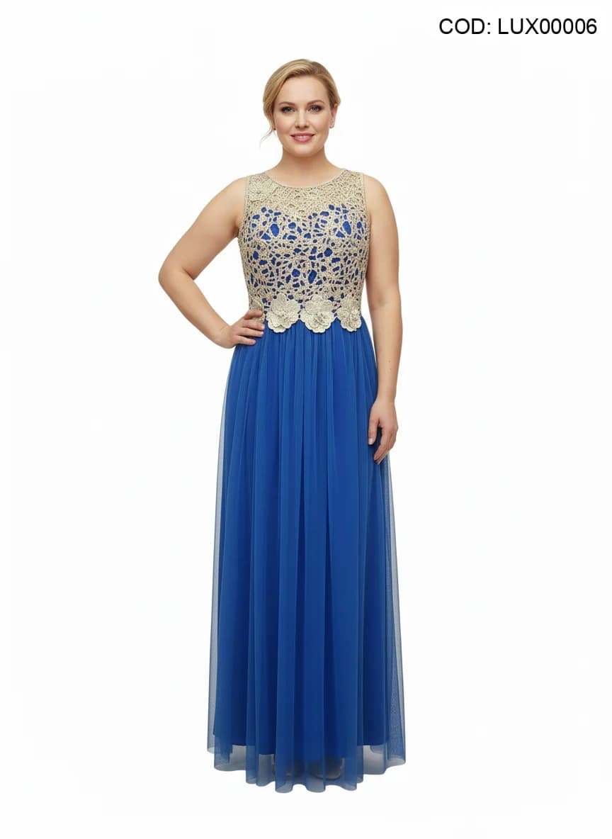 Rochie lungă albastru regal cu bust brodat și fustă din tul