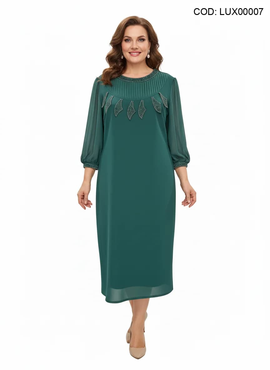 Rochie elegantă verde smarald cu mâneci voal și aplicații strălucitoare