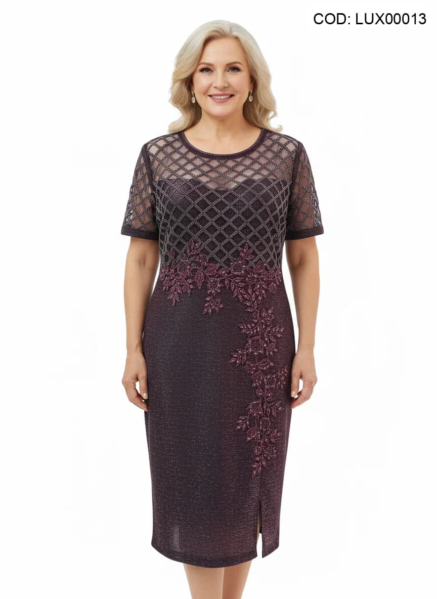 Rochie elegantă vișinie cu broderie și tull strălucitor