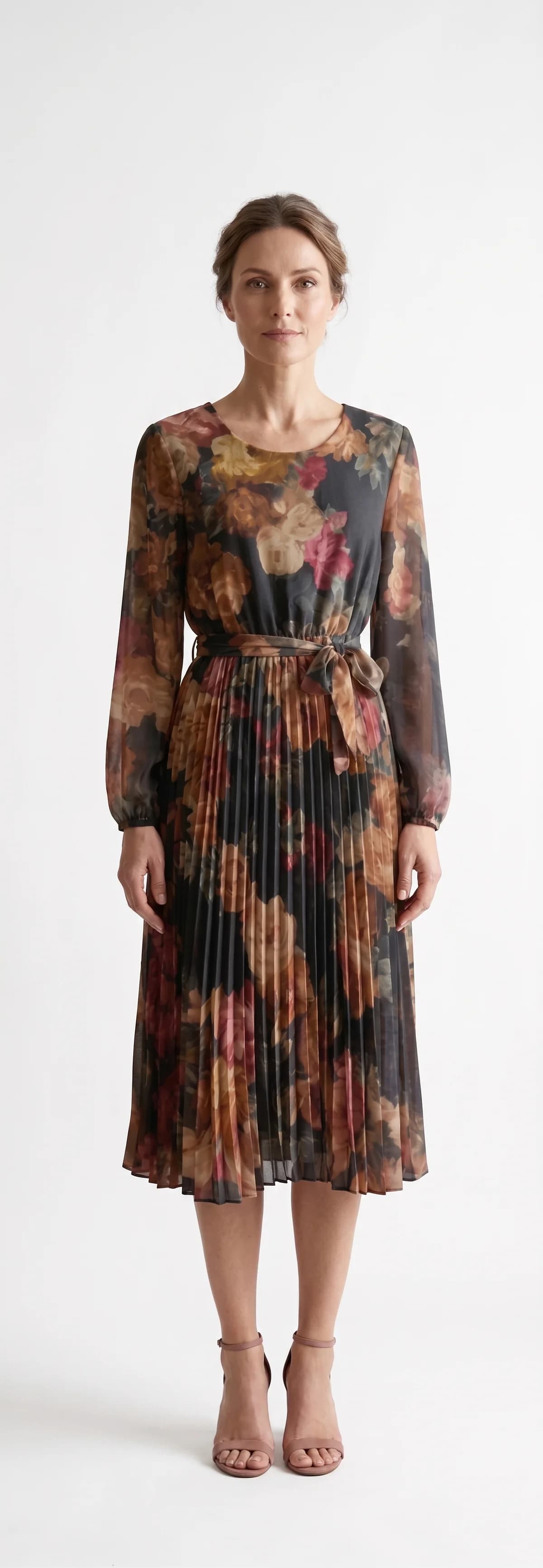 Rochie midi din voal cu imprimeu floral pe fond închis și fustă plisată