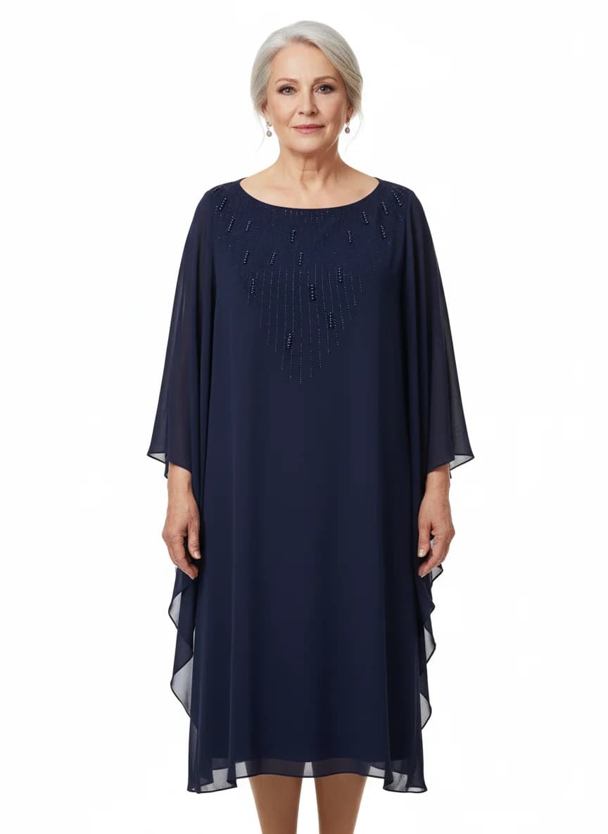 Rochie elegantă bleumarin cu pelerină din șifon și aplicații cu mărgele