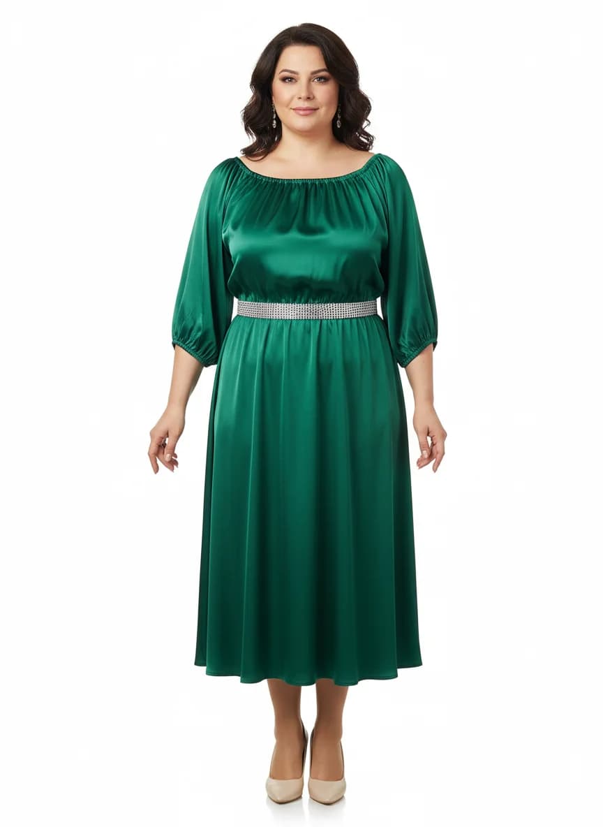Rochie midi verde smarald din satin, cu mâneci 3/4 bufante și cordon strălucitor la talie