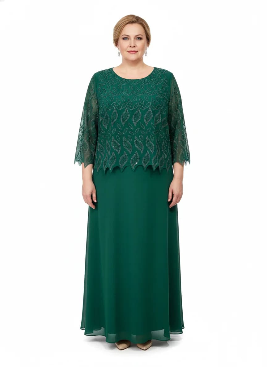 Rochie lungă verde smarald din șifon cu suprapunere din dantelă brodată și mâneci 3/4