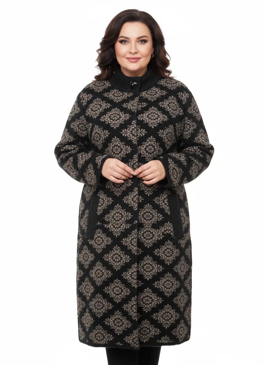 Palton damă din stofă tip lână, imprimeu jacquard baroc, guler înalt și închidere ascunsa