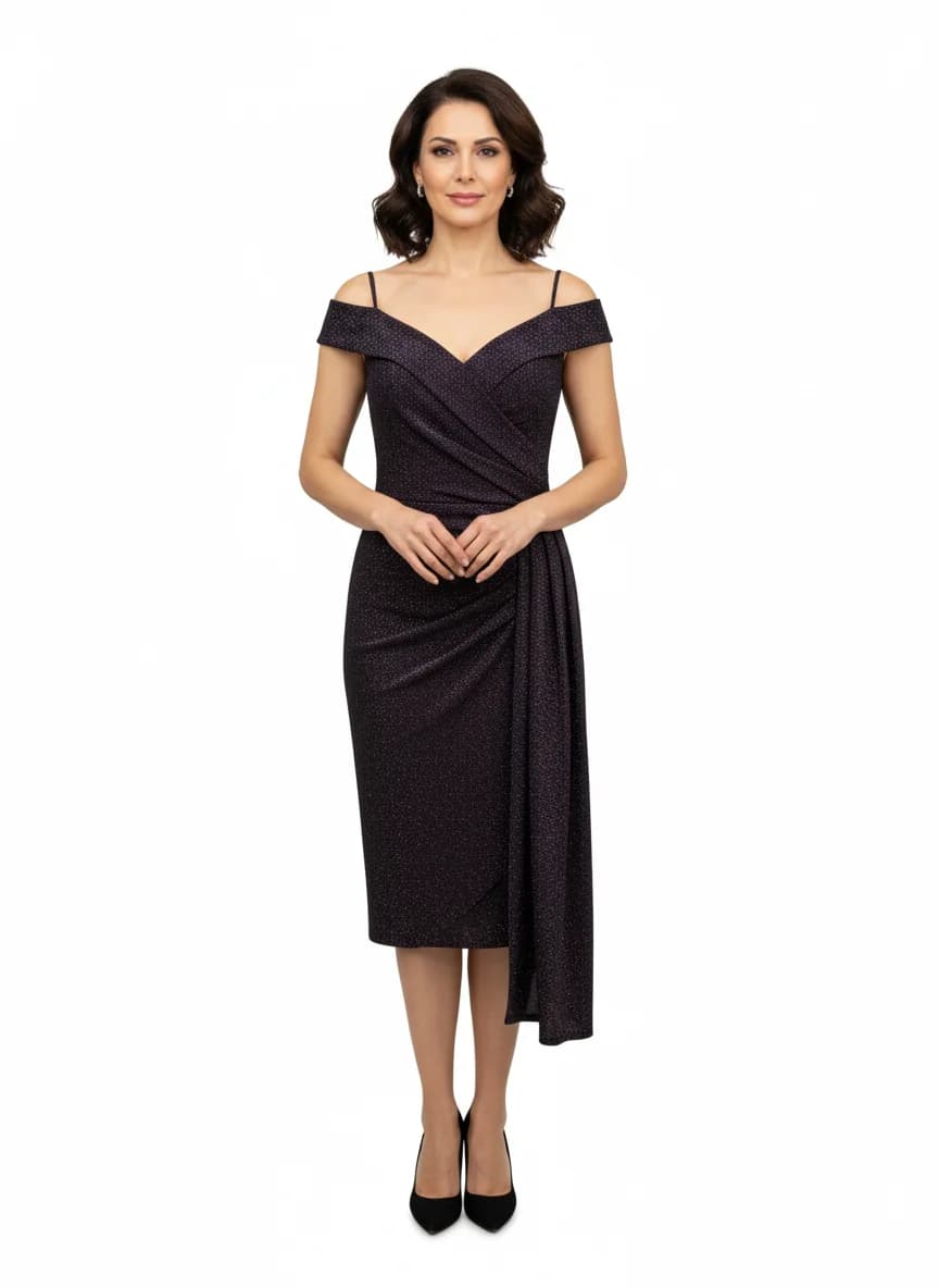 Rochie midi mov închis cu sclipici, umeri goi & bretele subțiri, bust încrucișat și drapaj lateral