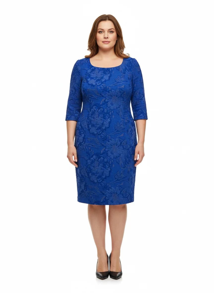 Rochie Tub Albastră cu Textură Florală, Decolteu Pătrat, Mâneci 3/4