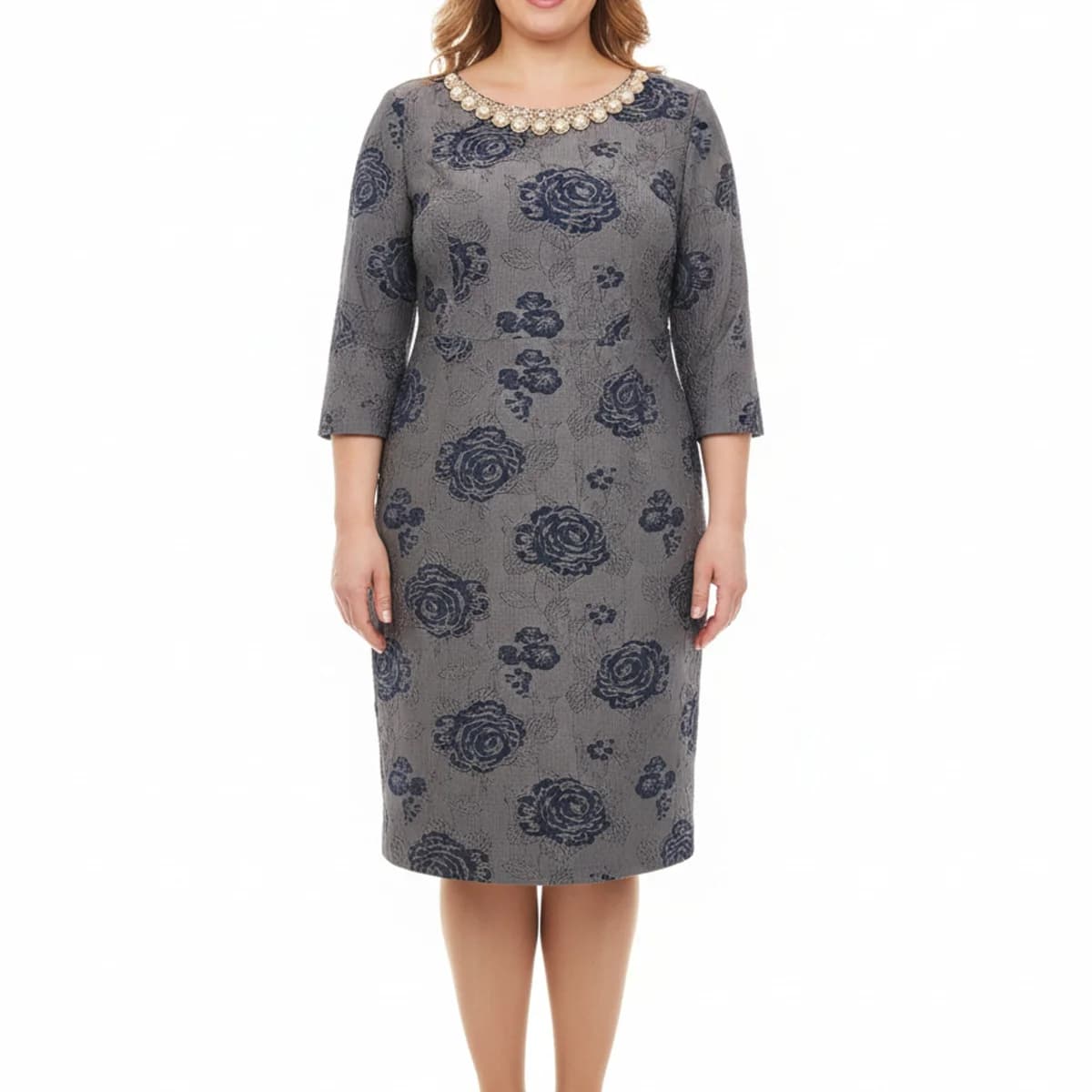 Rochie elegantă gri cu imprimeu floral bleumarin și aplicații perle