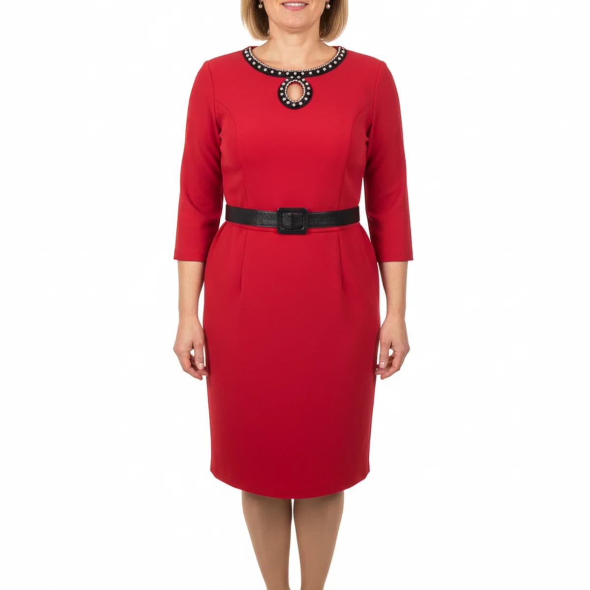 Rochie Office Roșie cu Decolteu Inel Decorat și Curea Neagră