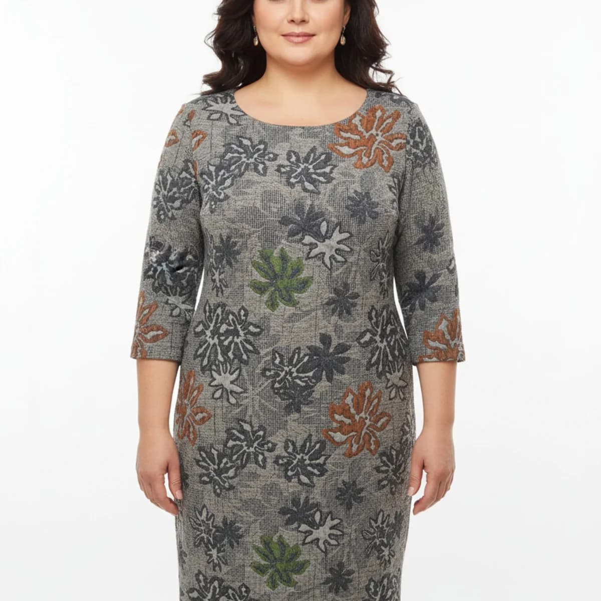 Rochie gri cu imprimeu floral multicolor, mâneci 3/4, decolteu rotund