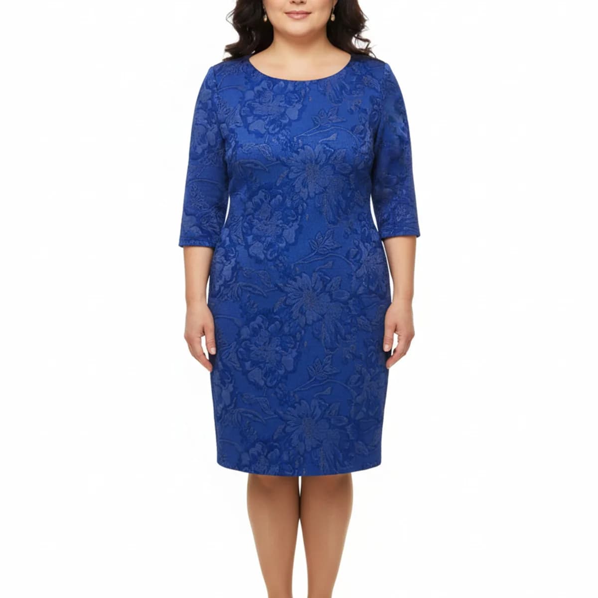 Rochie Elegantă Albastru Regal cu Imprimeu Floral Jacard și Mâneci 3/4