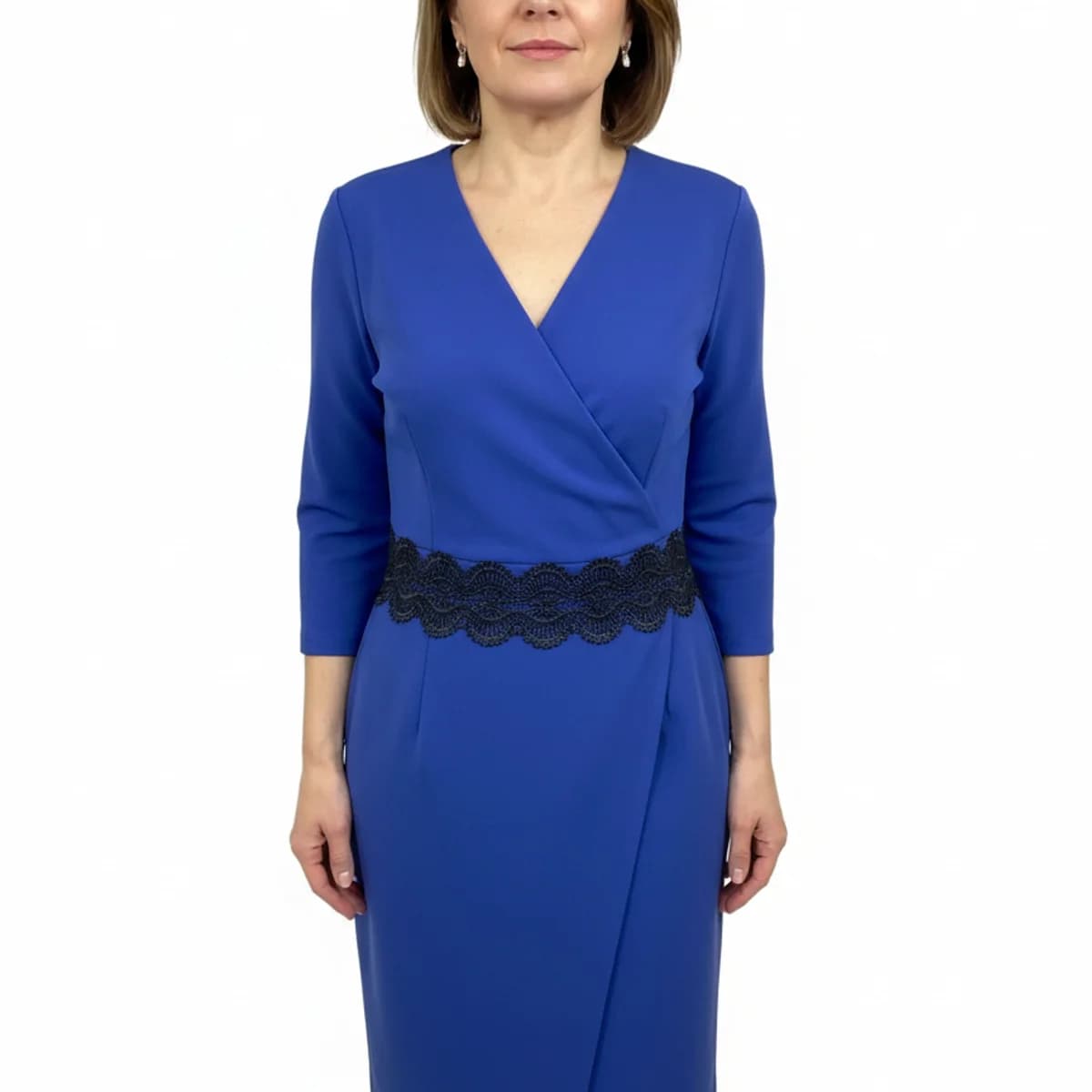 Rochie Albastră Petrecută, Mâneci 3/4, Decolteu V, Dantelă Neagră Talie