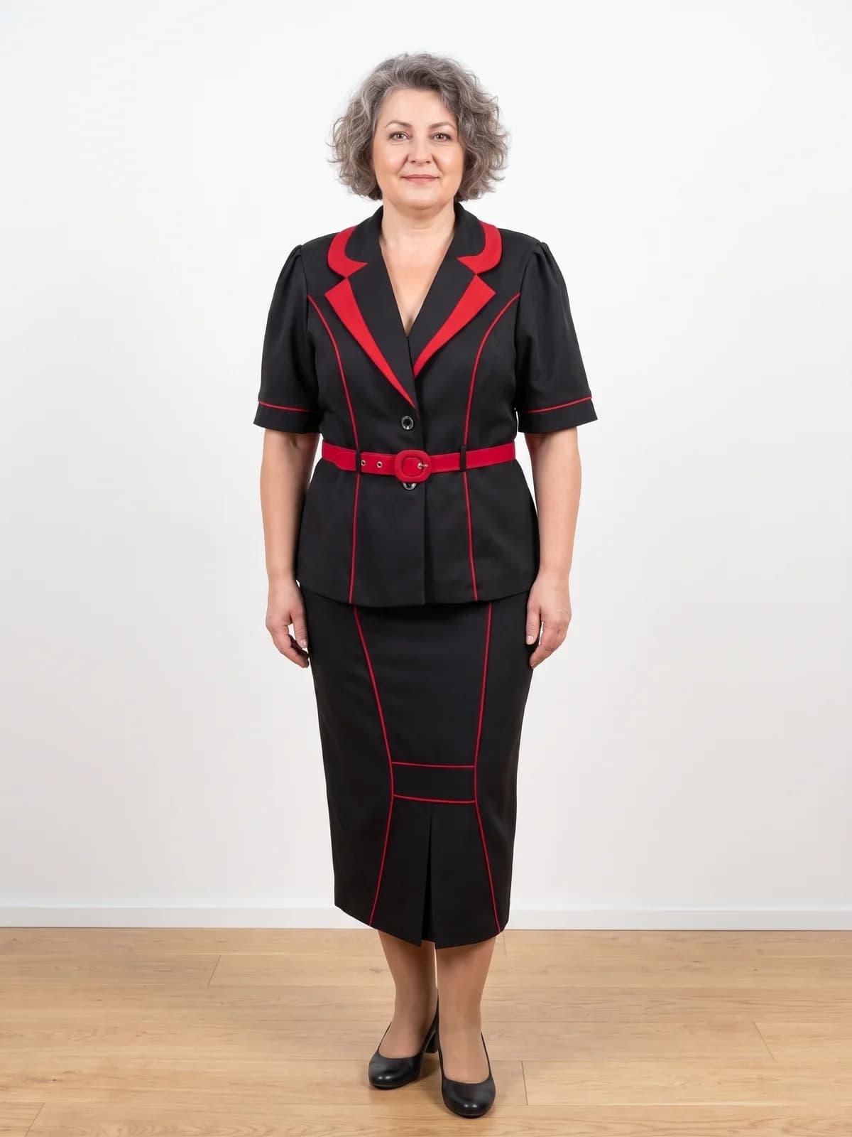 Costum negru cu garnitură roșie, jachetă cu mânecă scurtă, curea și fustă midi