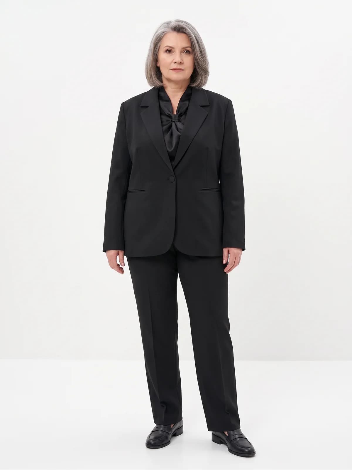 Costum negru elegant cu sacou cu un nasture și pantaloni drepți