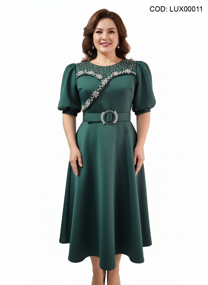 Rochie midi verde smarald cu aplicații luxury, mâneci bufante și cordon cu cataramă stras