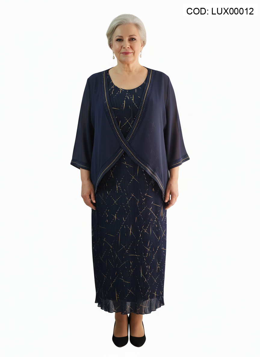 Ținută elegantă două piese bleumarin cu imprimeu auriu și jachetă voal