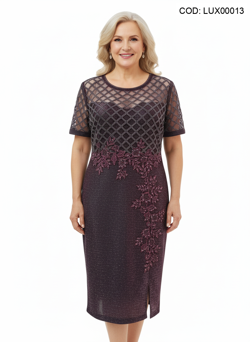 Rochie elegantă vișinie cu broderie și tull strălucitor