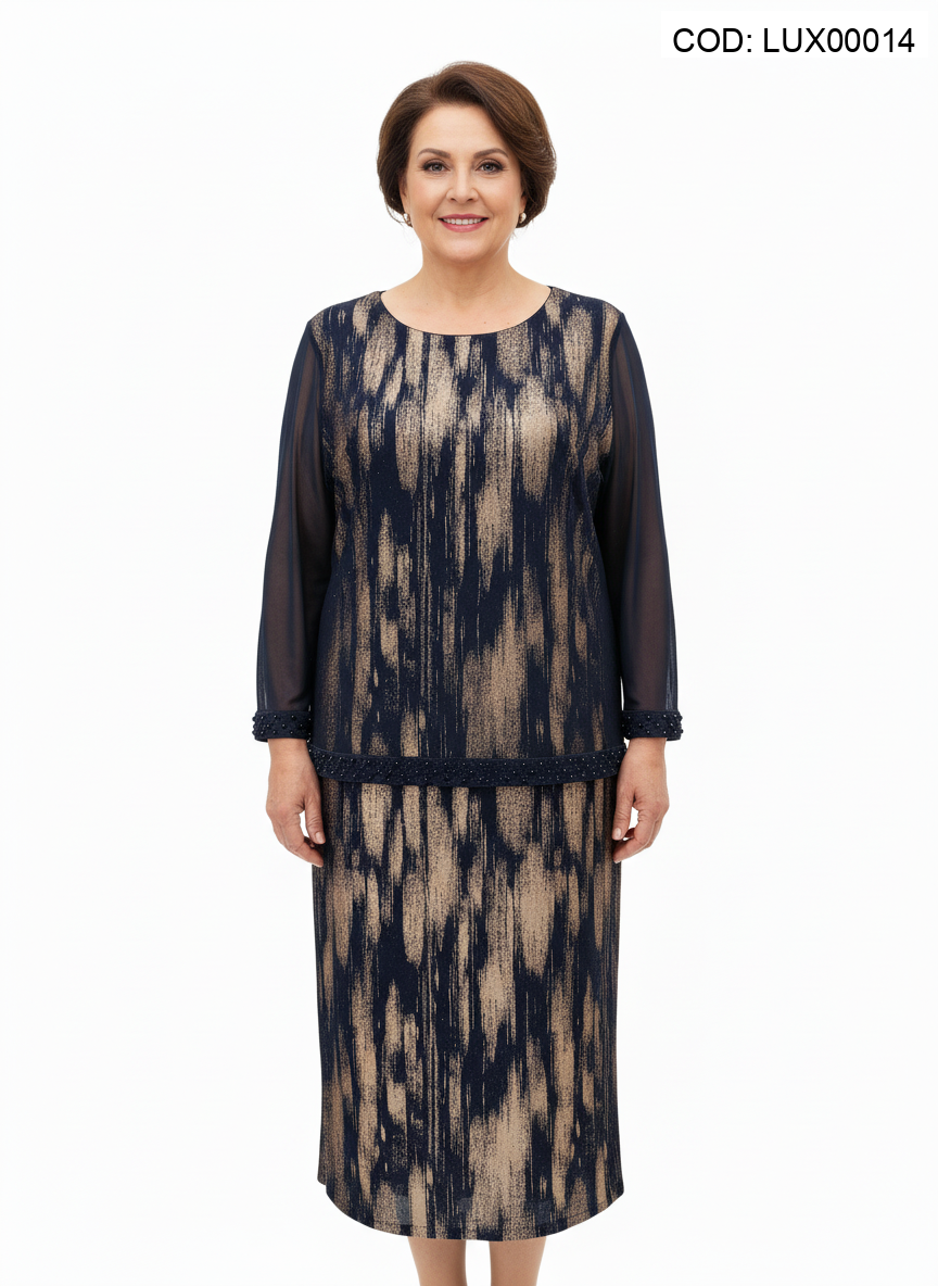 Costum elegant bleumarin-auriu cu tiul și aplicații