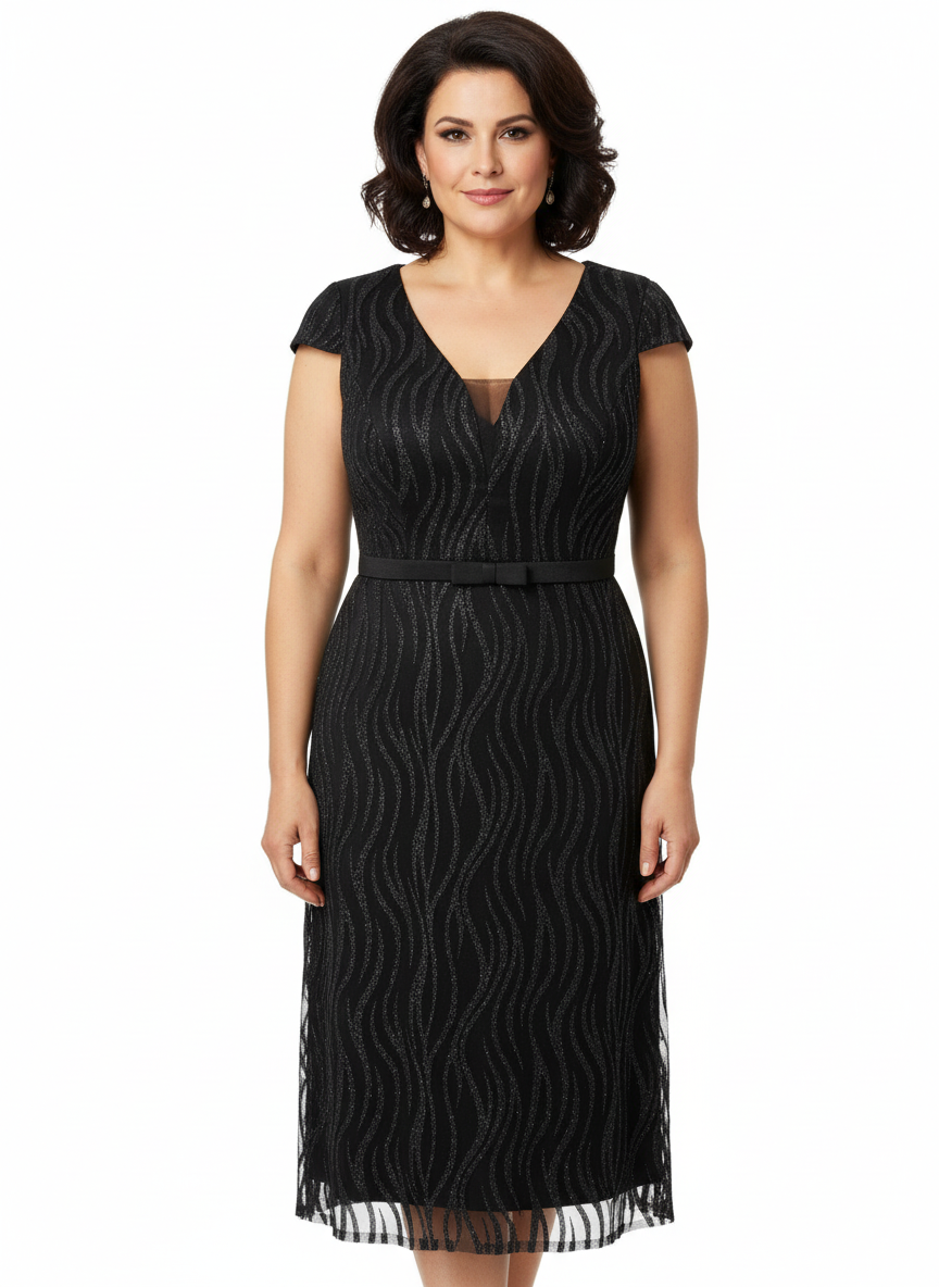 Rochie midi neagră cu sclipici ondulat, decolteu în V cu inserție și cordon la talie