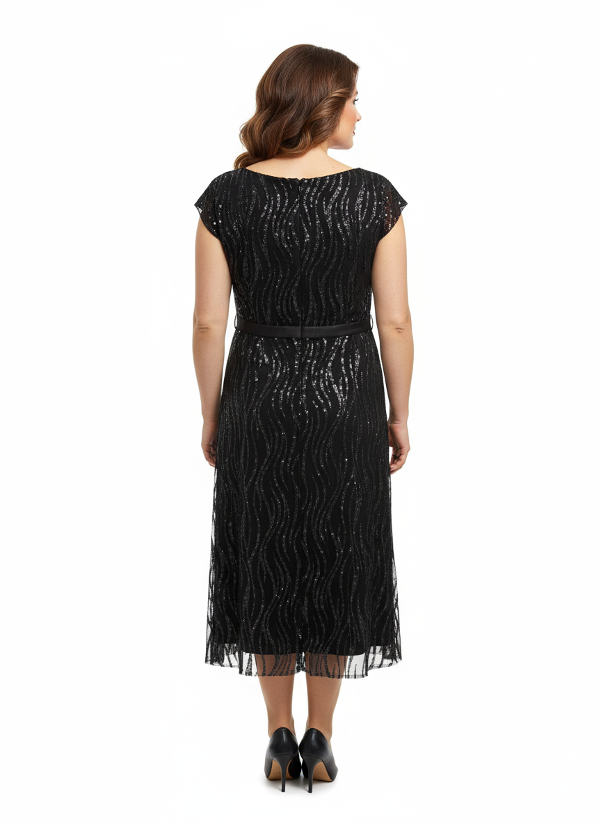 Rochie midi neagră cu sclipici ondulat, decolteu în V cu inserție și cordon la talie