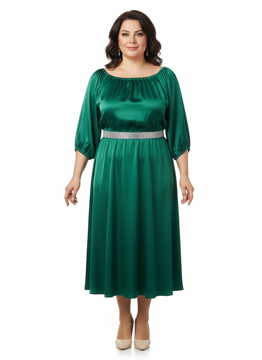 Rochie midi verde smarald din satin, cu mâneci 3/4 bufante și cordon strălucitor la talie