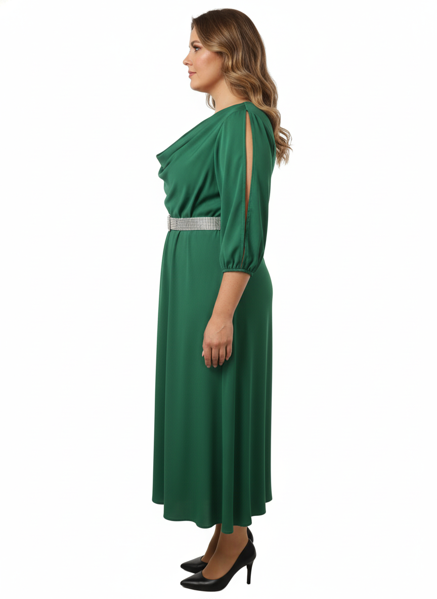 Rochie midi verde smarald din satin, cu mâneci 3/4 bufante și cordon strălucitor la talie