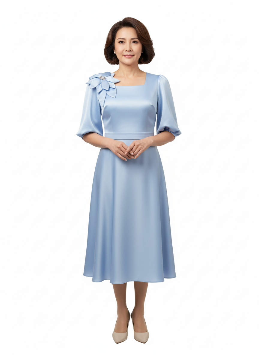 Rochie midi din satin bleu, cu decolteu pătrat, mâneci bufante și aplicație florală pe umăr