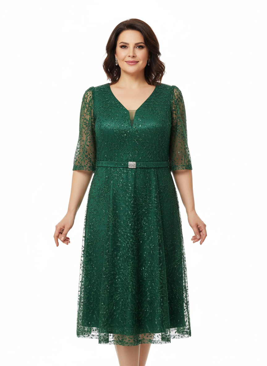 Rochie midi verde smarald din tulle cu sclipici, decolteu în V, mâneci 1/2 și cordon cu cataramă stras
