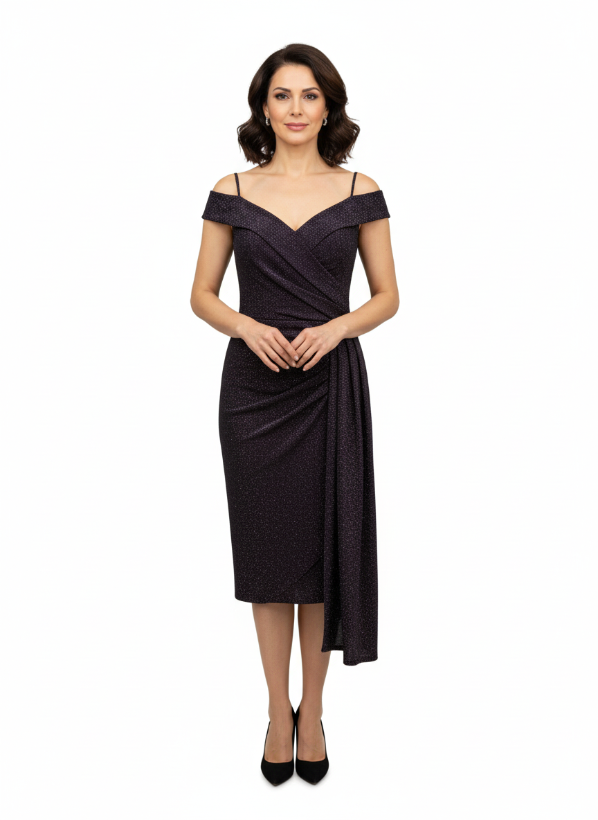 Rochie midi mov închis cu sclipici, umeri goi & bretele subțiri, bust încrucișat și drapaj lateral