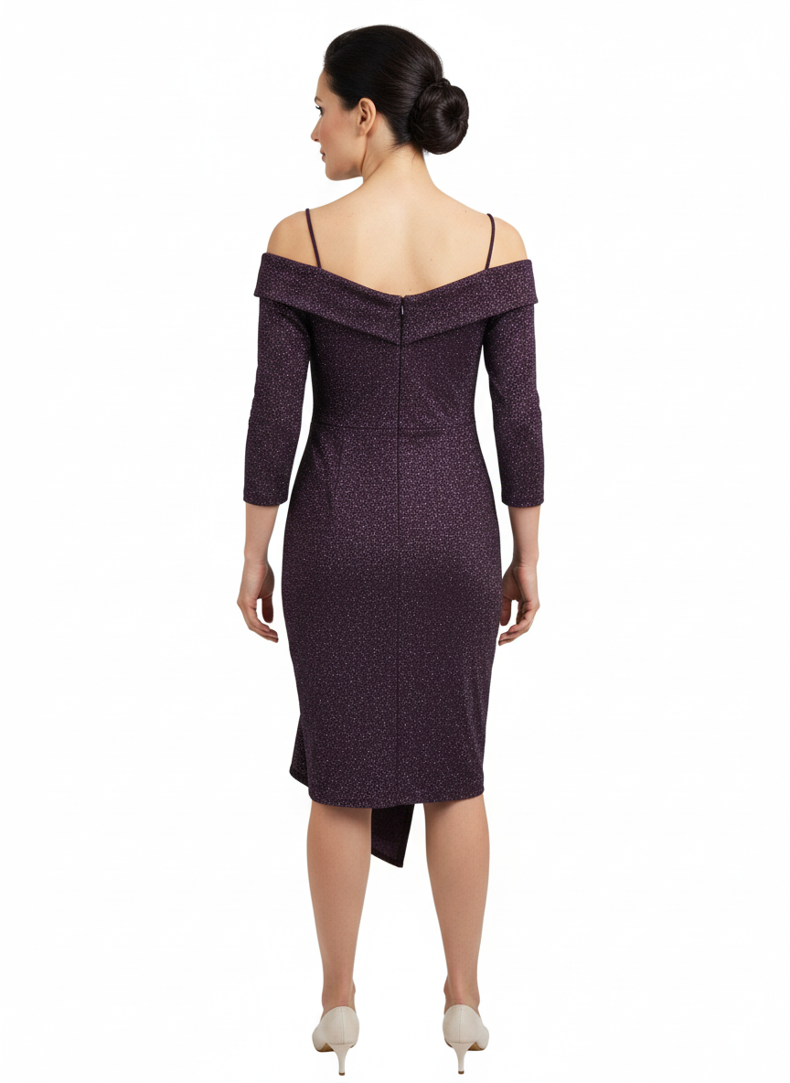 Rochie midi mov închis cu sclipici, umeri goi & bretele subțiri, bust încrucișat și drapaj lateral