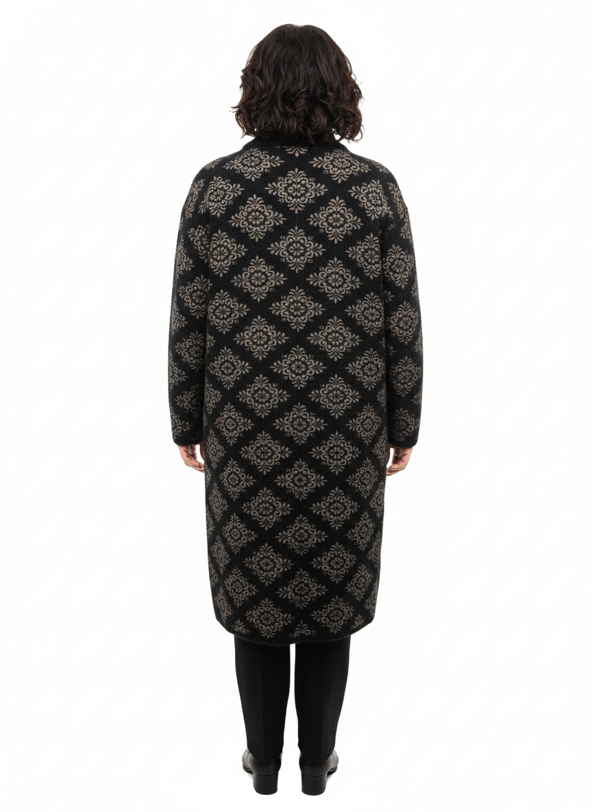 Palton damă din stofă tip lână, imprimeu jacquard baroc, guler înalt și închidere ascunsa