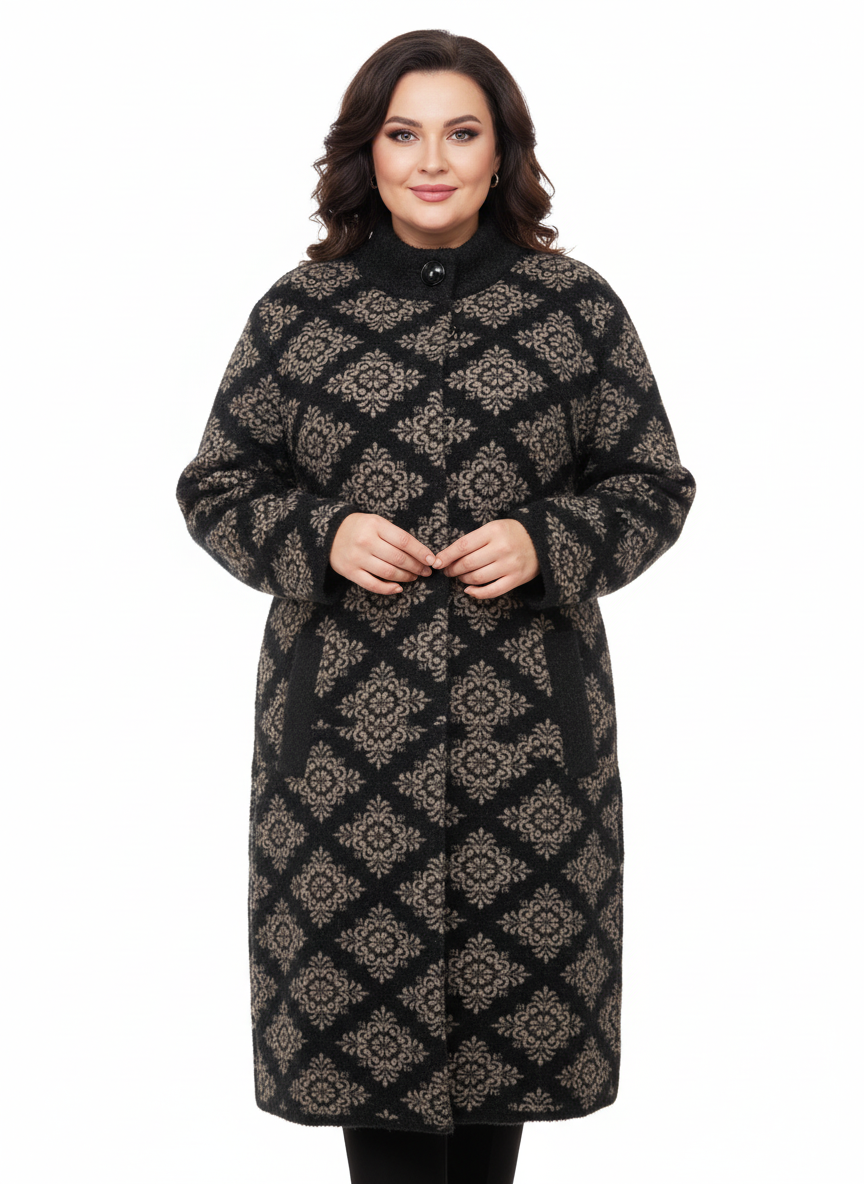 Palton damă din stofă tip lână, imprimeu jacquard baroc, guler înalt și închidere ascunsa