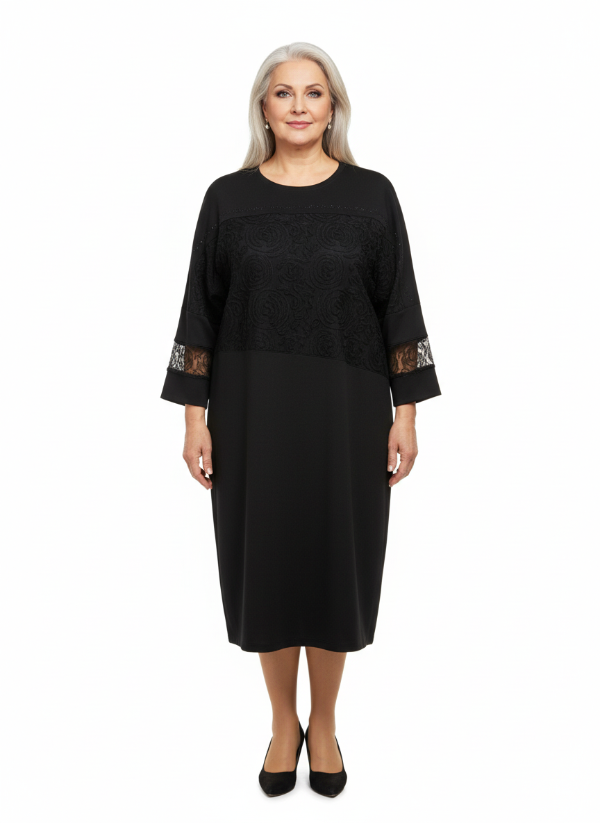 Rochie midi neagră cu dantelă la bust și inserții pe mâneci, croi lejer – elegantă și comodă