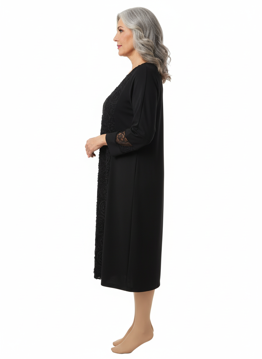 Rochie midi neagră cu dantelă la bust și inserții pe mâneci, croi lejer – elegantă și comodă