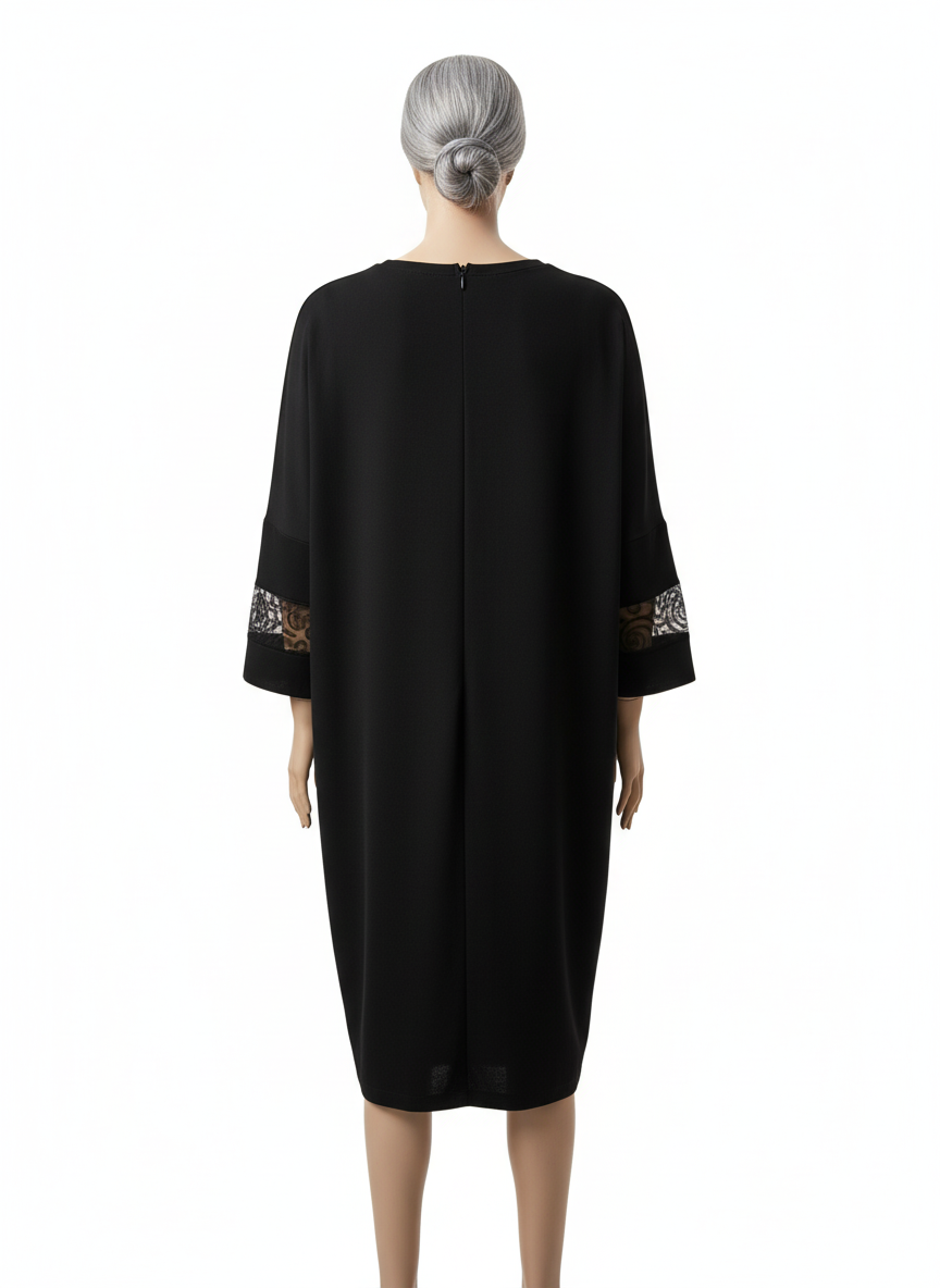 Rochie midi neagră cu dantelă la bust și inserții pe mâneci, croi lejer – elegantă și comodă