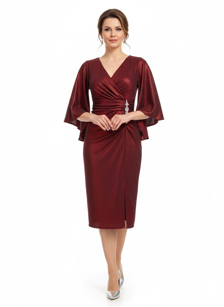 Rochie midi roșu-bordo cu sclipici fin, decolteu petrecut în V, mâneci clopot și drapaj cu broșă