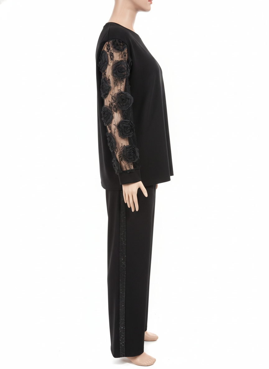 Compleu elegant negru: bluză-tunică cu mâneci din dantelă