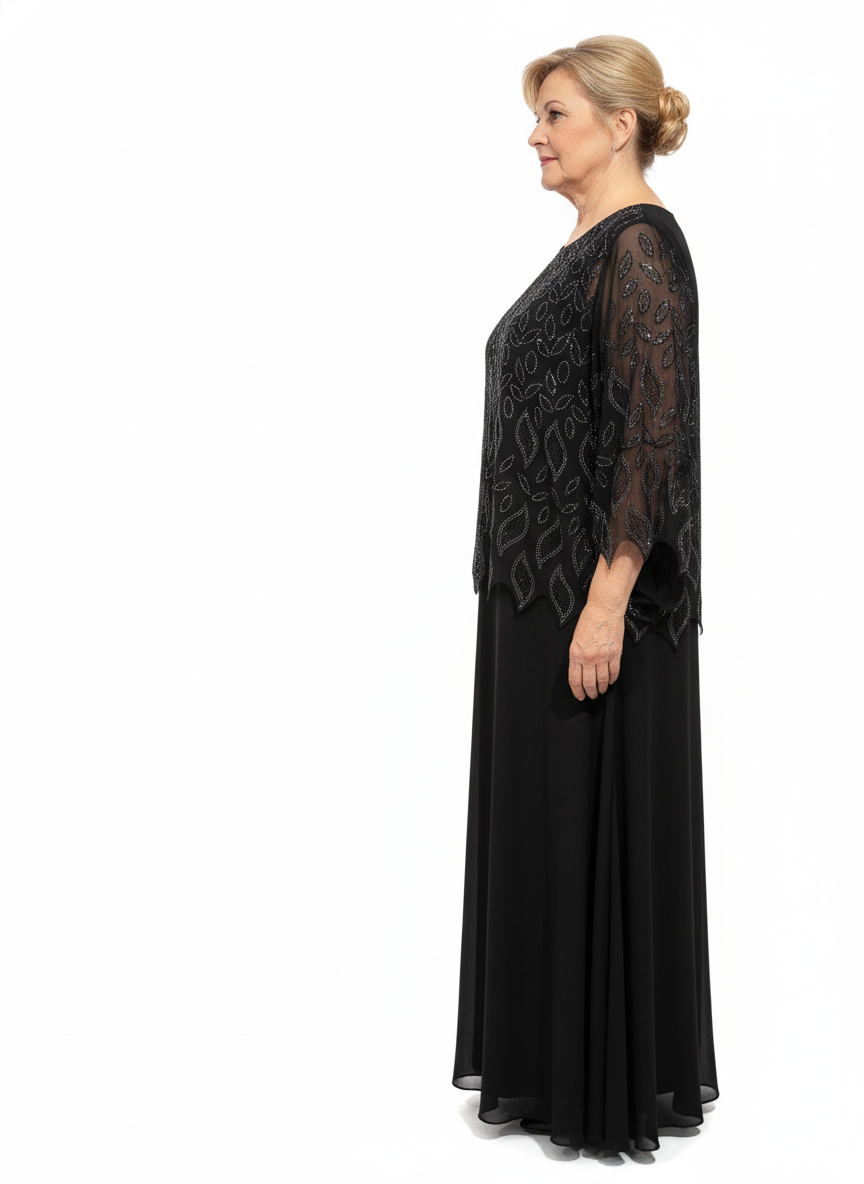 Rochie lungă neagră din șifon cu suprapunere din tulle brodat, mâneci 3/4 și tiv decupat&nbsp;