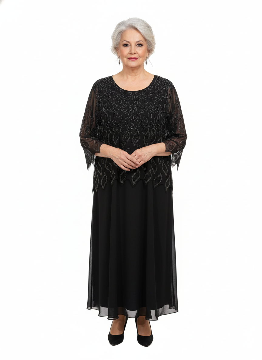 Rochie lungă neagră din șifon cu suprapunere din tulle brodat, mâneci 3/4 și tiv decupat&nbsp;