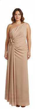 Rochie Lungă Bej Asimetrică cu Drapaje și Aplicație Florală în Talie