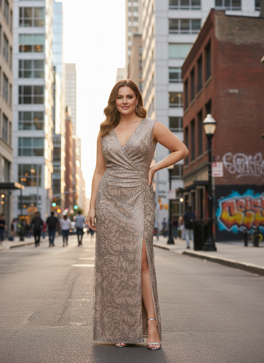 Rochie lungă de seară șampanie cu paiete argintii, decolteu V și șliț