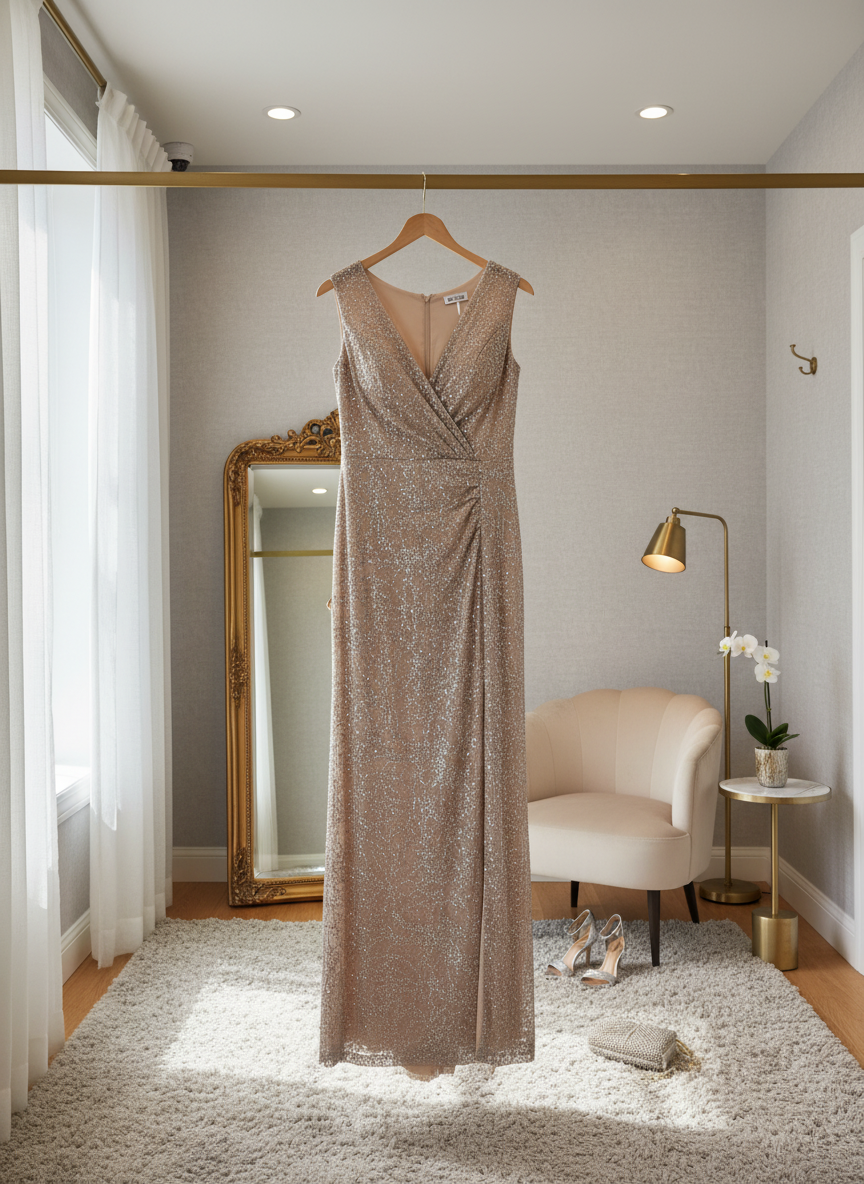 Rochie lungă de seară șampanie cu paiete argintii, decolteu V și șliț