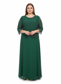 Rochie Lungă Elegantă Verde Smarald, Top Brodat cu Mărgele, Mâneci 3/4