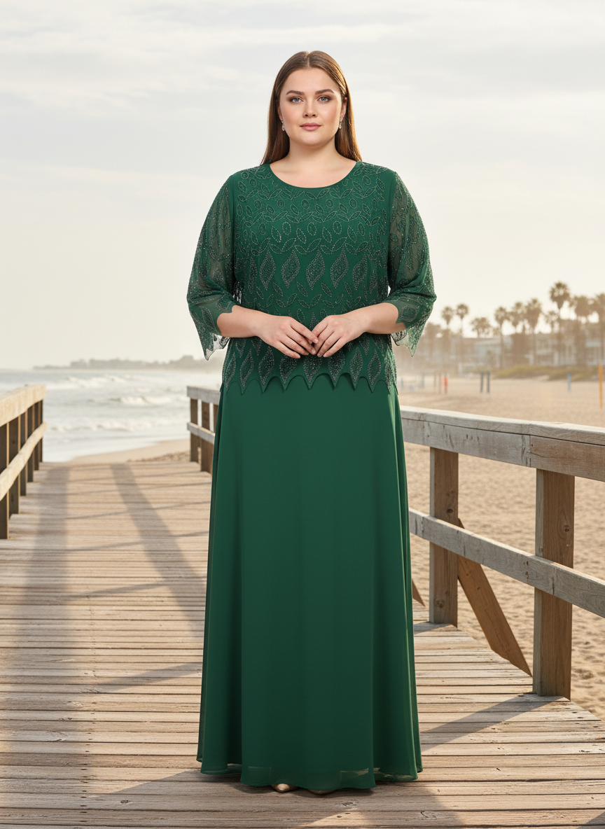 Rochie Lungă Elegantă Verde Smarald, Top Brodat cu Mărgele, Mâneci 3/4