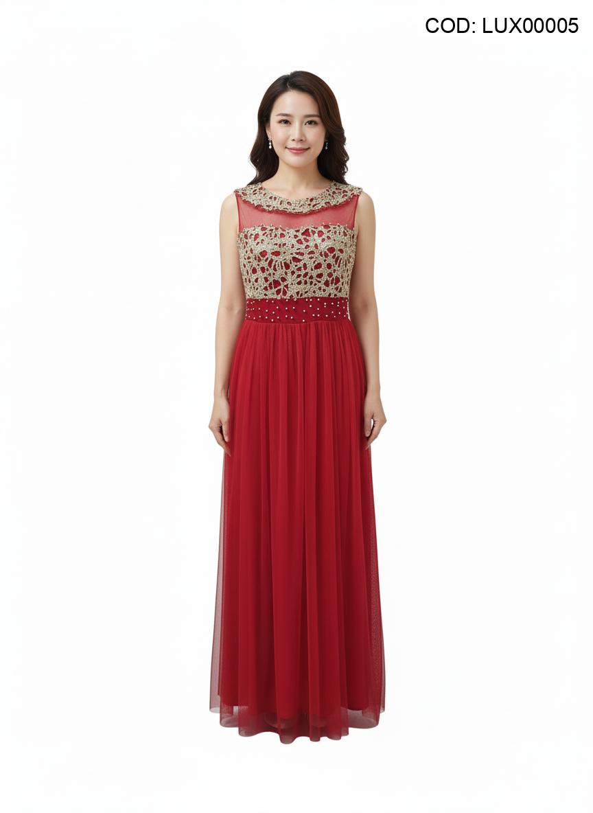Rochie lungă roșie cu bust brodat și talie cu pietre