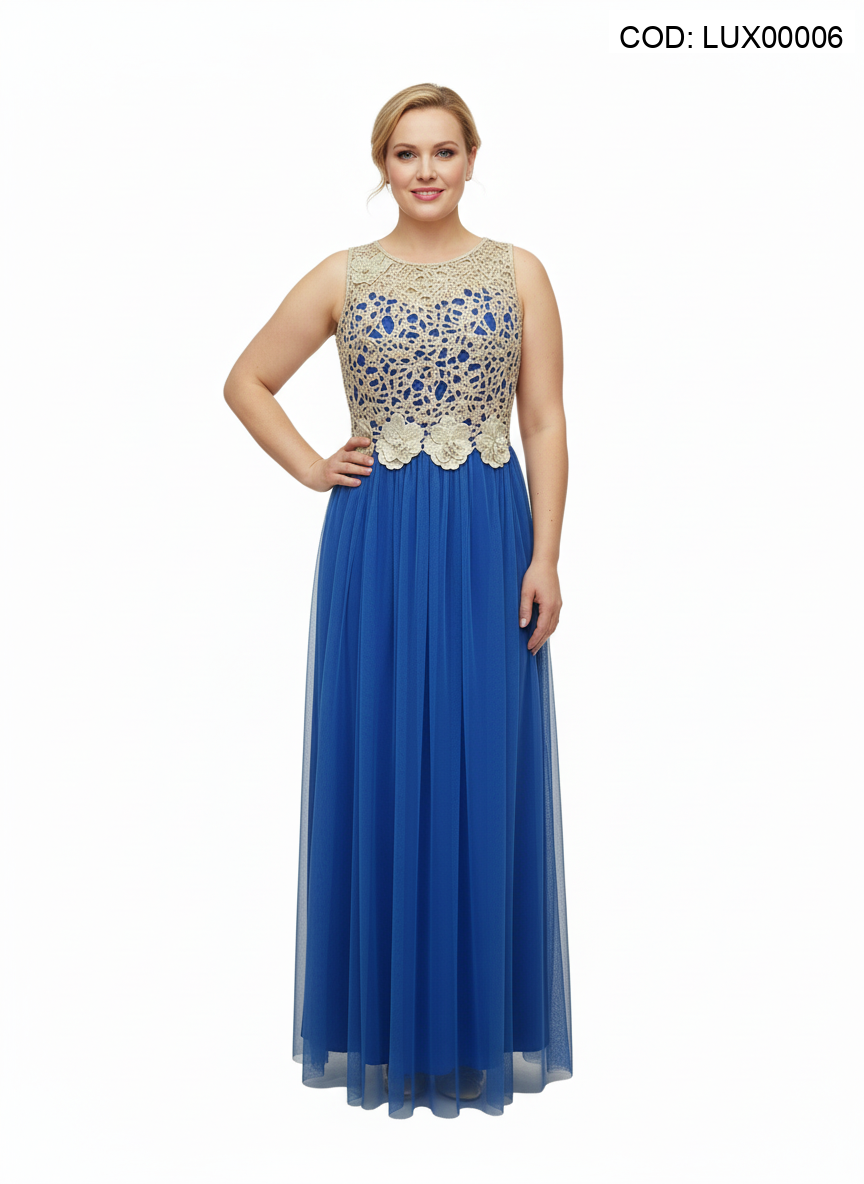 Rochie lungă albastru regal cu bust brodat și fustă din tul