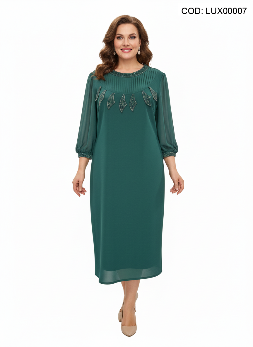 Rochie elegantă verde smarald cu mâneci voal și aplicații strălucitoare