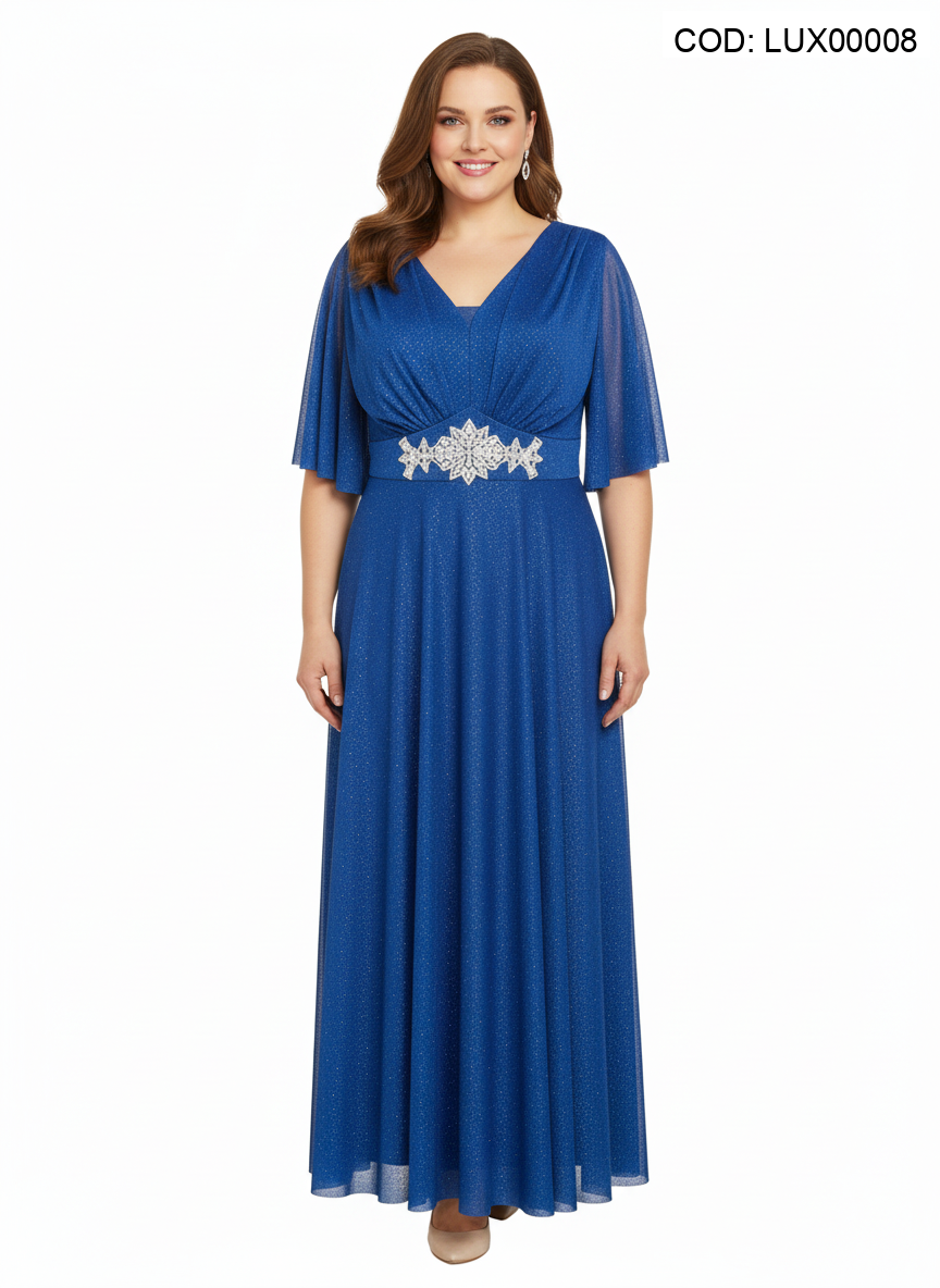 Rochie lungă albastru regal cu sclipici fin, decolteu în V, mâneci fluture și talie cu aplicație stras