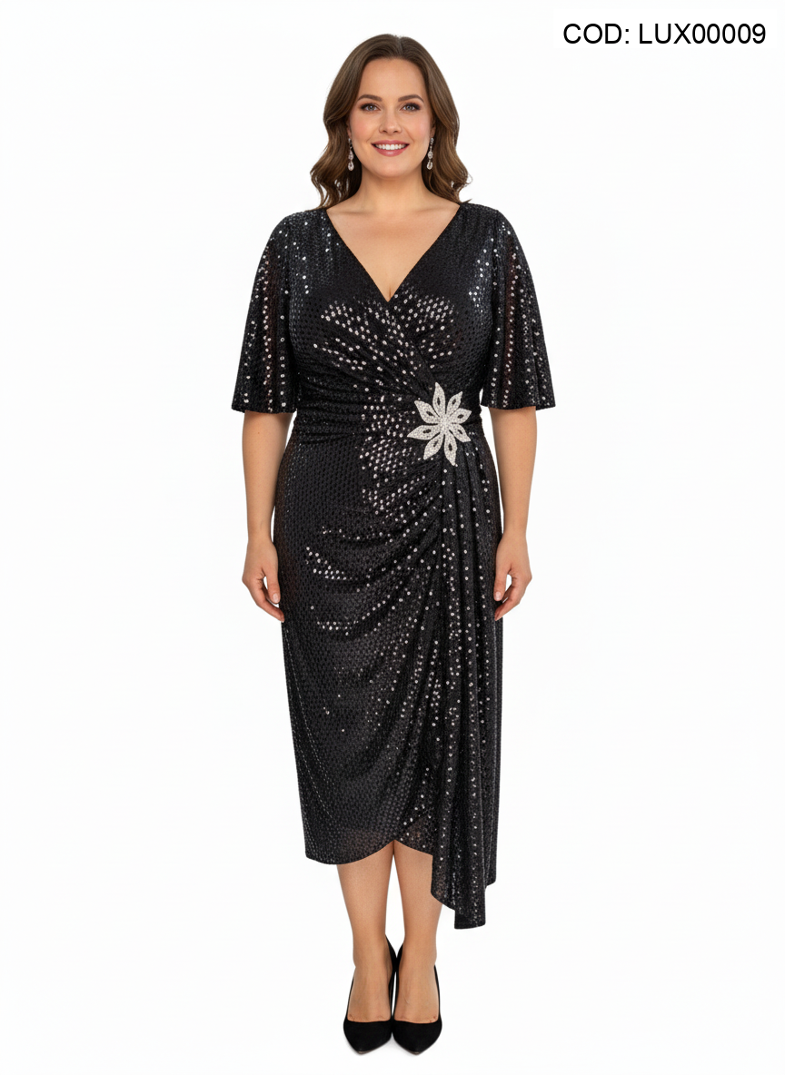Rochie midi neagră cu paiete, decolteu în V, mâneci fluture și drapaj cu aplicație stras